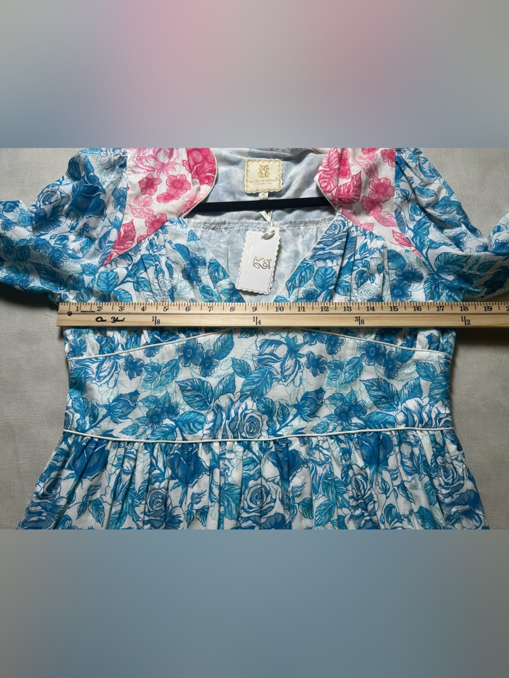 Simply Southern Blue Pink Floral Toile Ruffle Dress S Coastal old money #629 - Picture 9 of 12